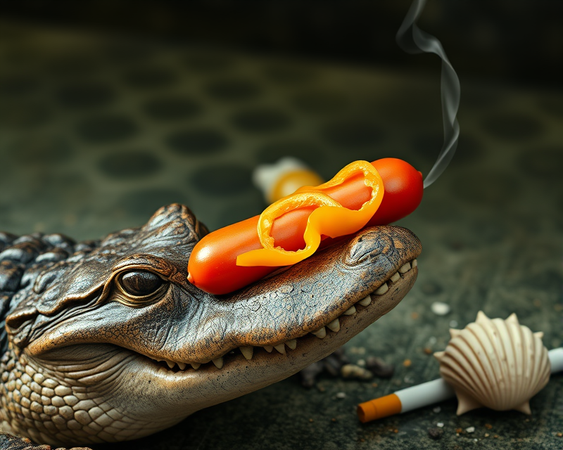 crocodile, hot dog, bell pepper, cigarette, seashell